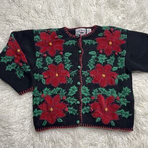 Vintage Croft And Barrow Poinsettia Cardigan Sweater Black Red And Green Size M